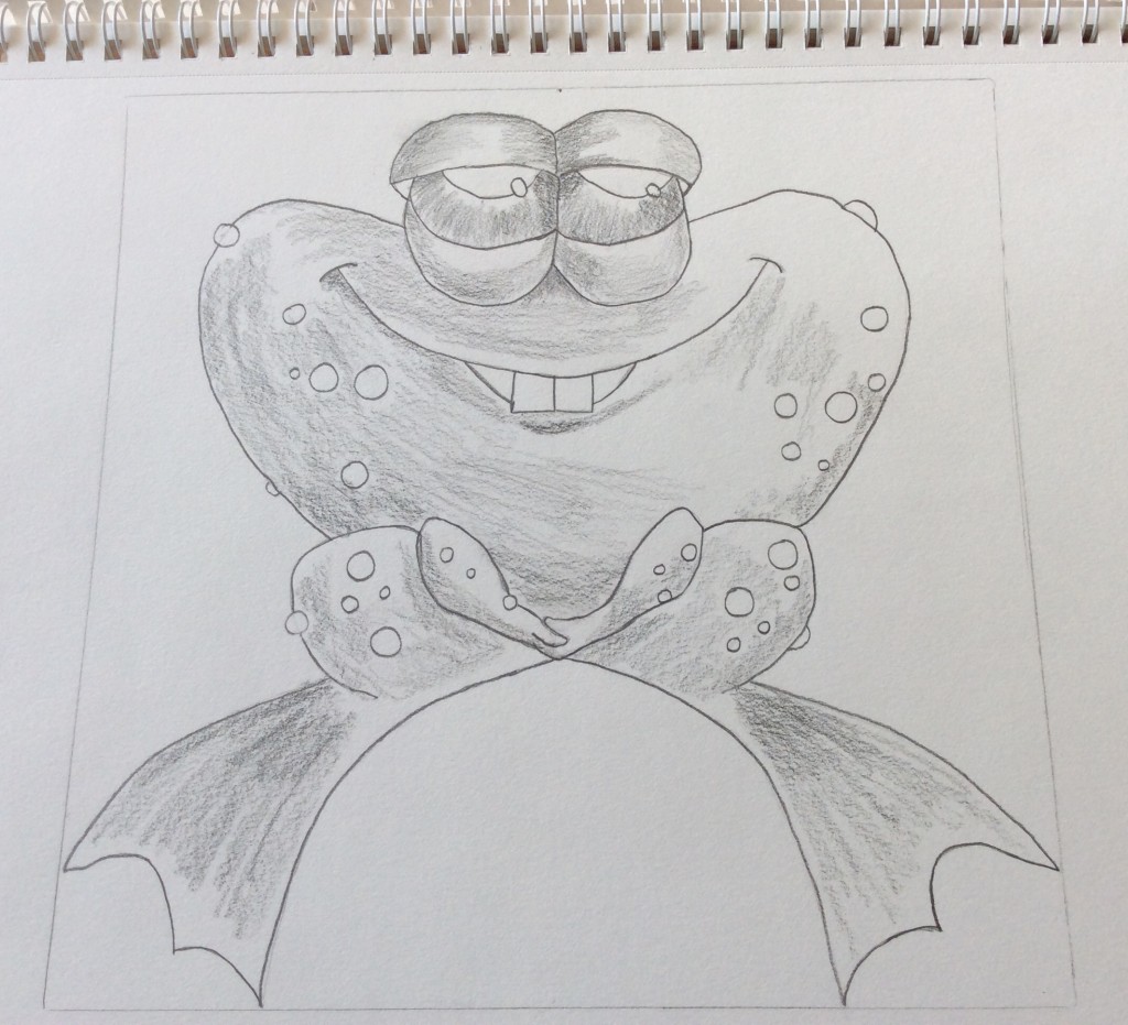Shading the frog with a HB pencil adding light shade to  the eyes, body, legs and feet of the frog.