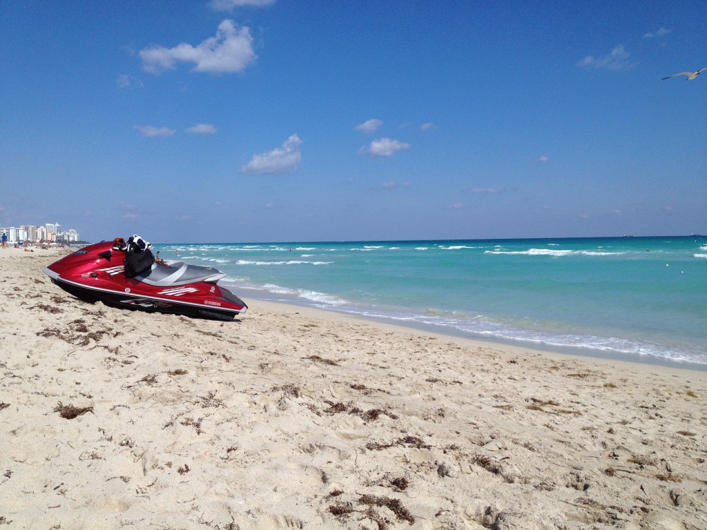 Even though the blues of the sky and ocean are very noticeable I think the bright red waverunner breaks up the blue color.